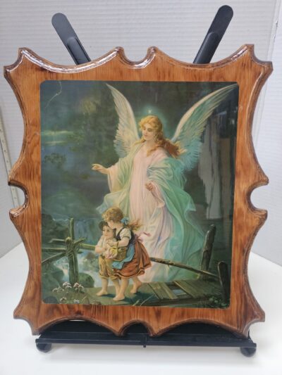 Vintage Guardian Angel Print on Wooden Frame, Religious Art - product image 1