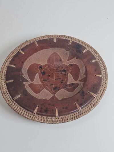 Rustic Woven Rim Ceramic Plate with Turtle Design - product image 1