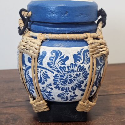 Handcrafted Blue Ceramic Pot with Woven Bamboo Accent - product image 1