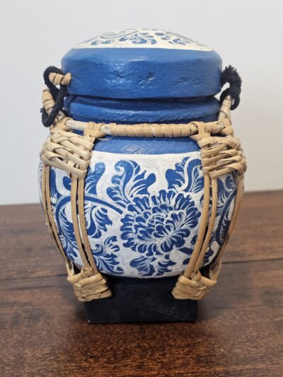 Handcrafted Blue Ceramic Pot with Woven Bamboo Accent - product image 1