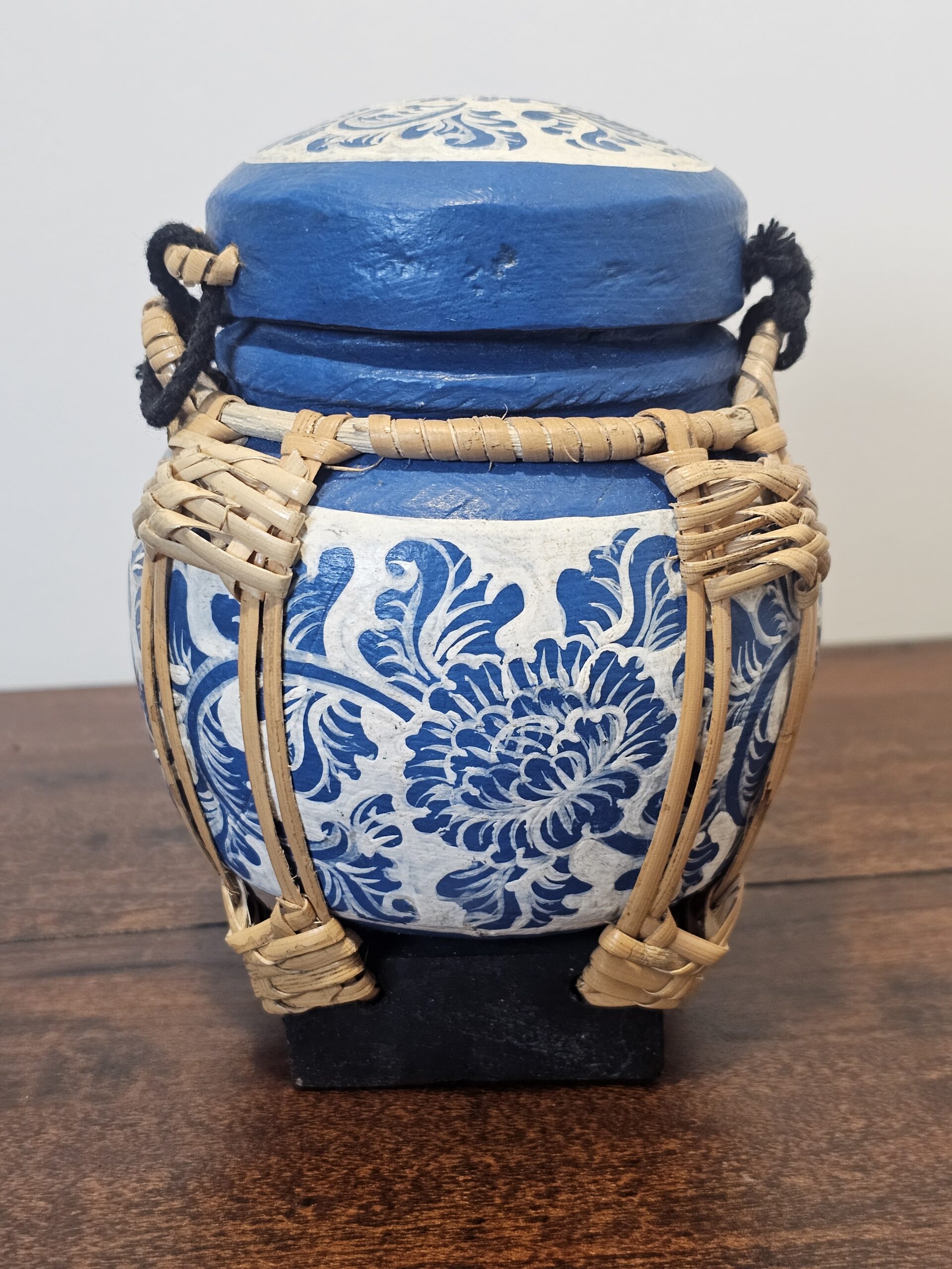 Handcrafted Blue Ceramic Pot with Woven Bamboo Accent - product image 1