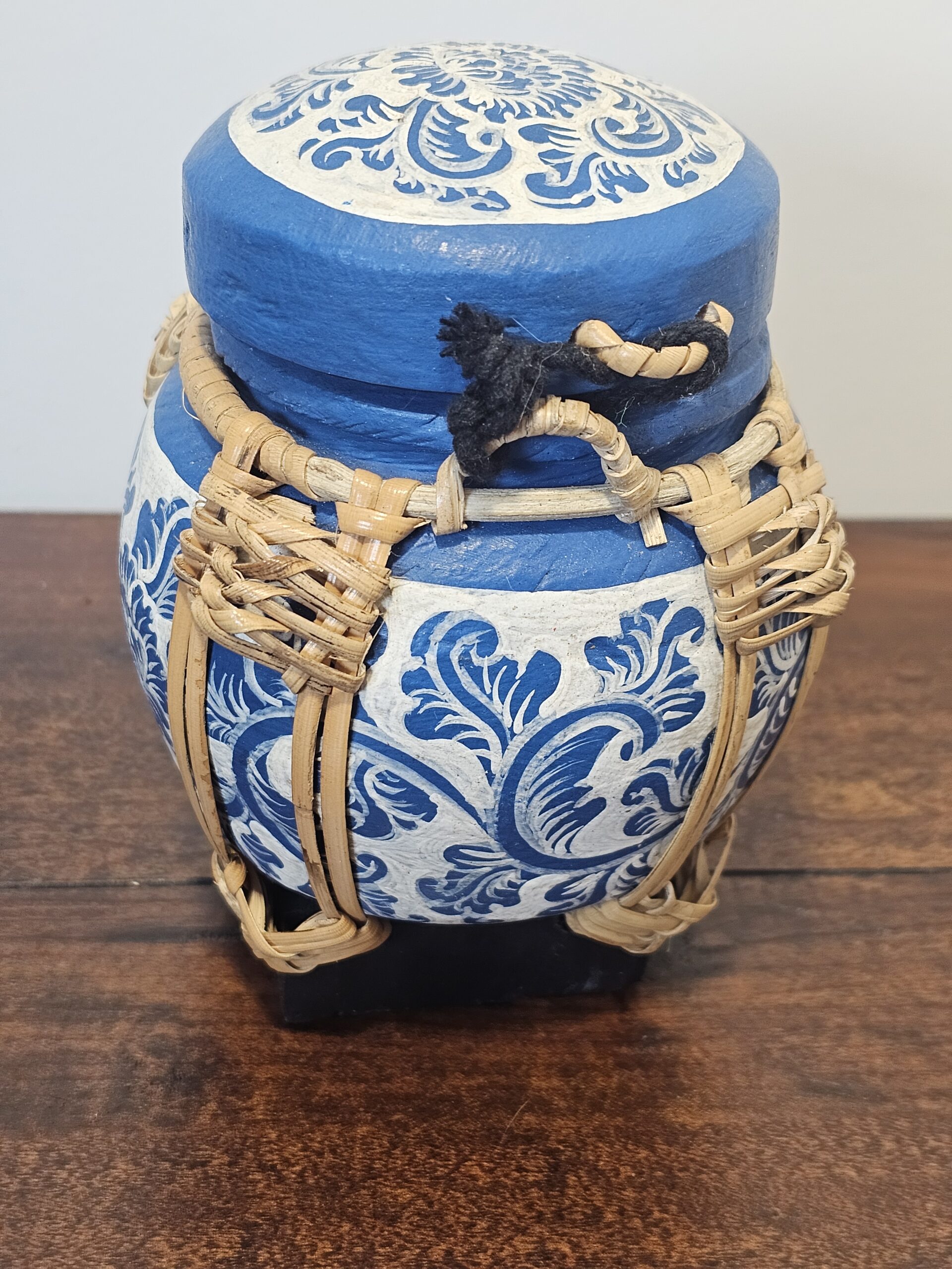 Handcrafted Blue Ceramic Pot with Woven Bamboo Accent - product image 2