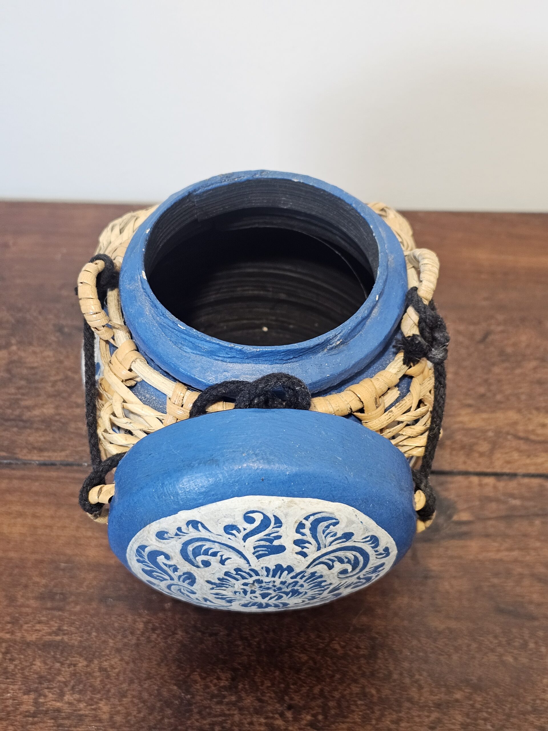 Handcrafted Blue Ceramic Pot with Woven Bamboo Accent - product image 4
