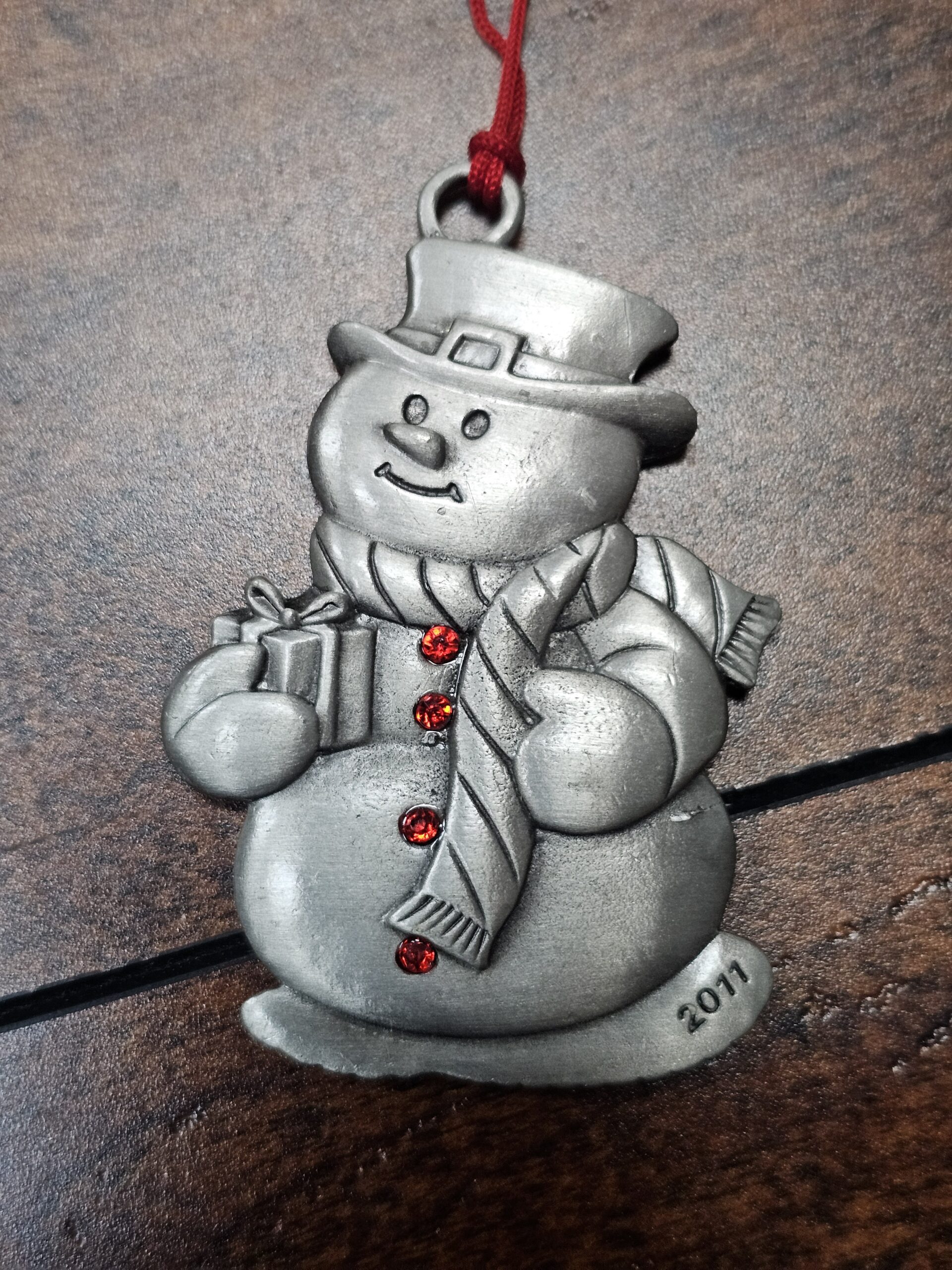 Pewter Snowman Ornament with Red Tassel Holiday Decoration - product image 2