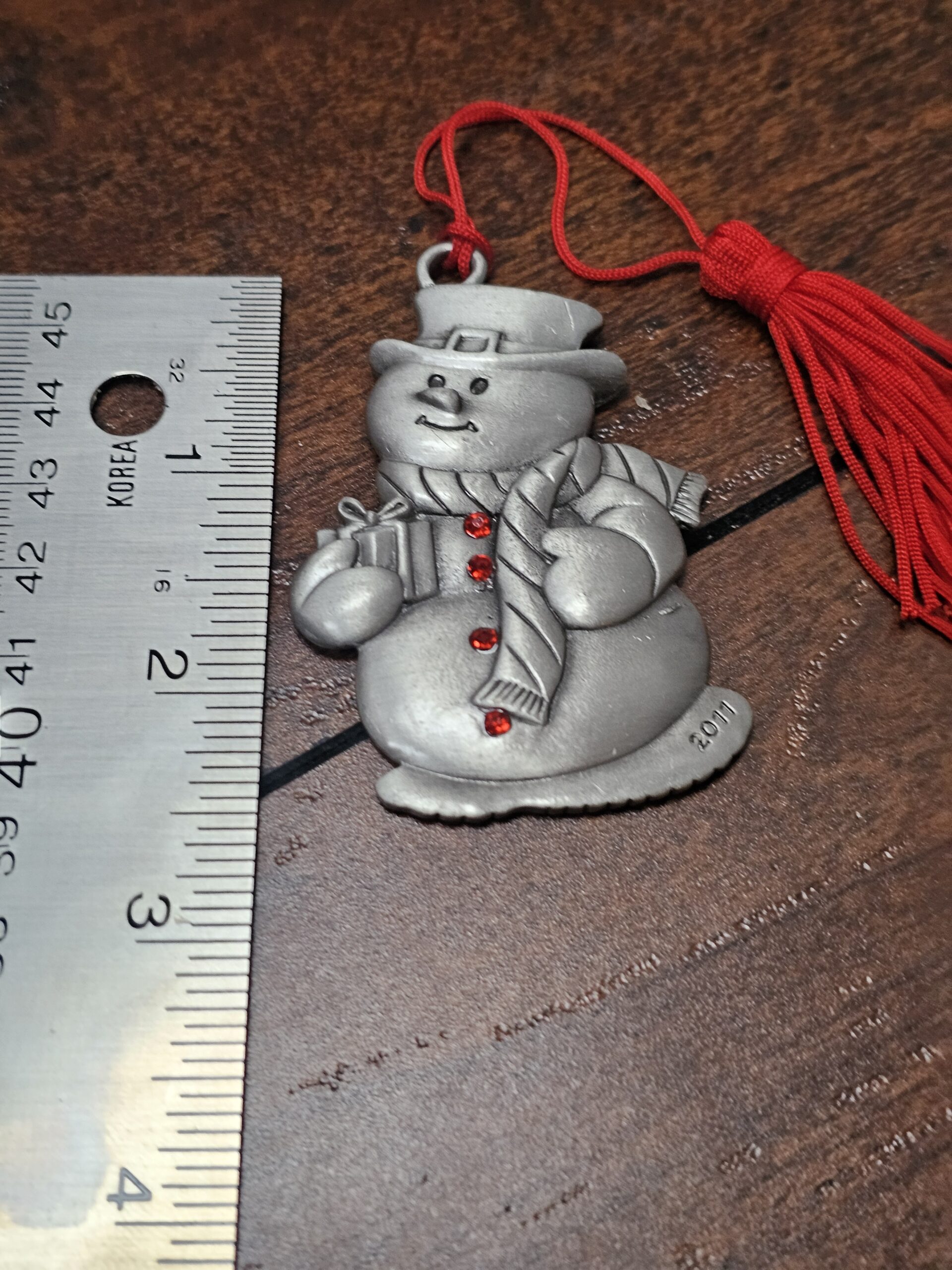 Pewter Snowman Ornament with Red Tassel Holiday Decoration - product image 3