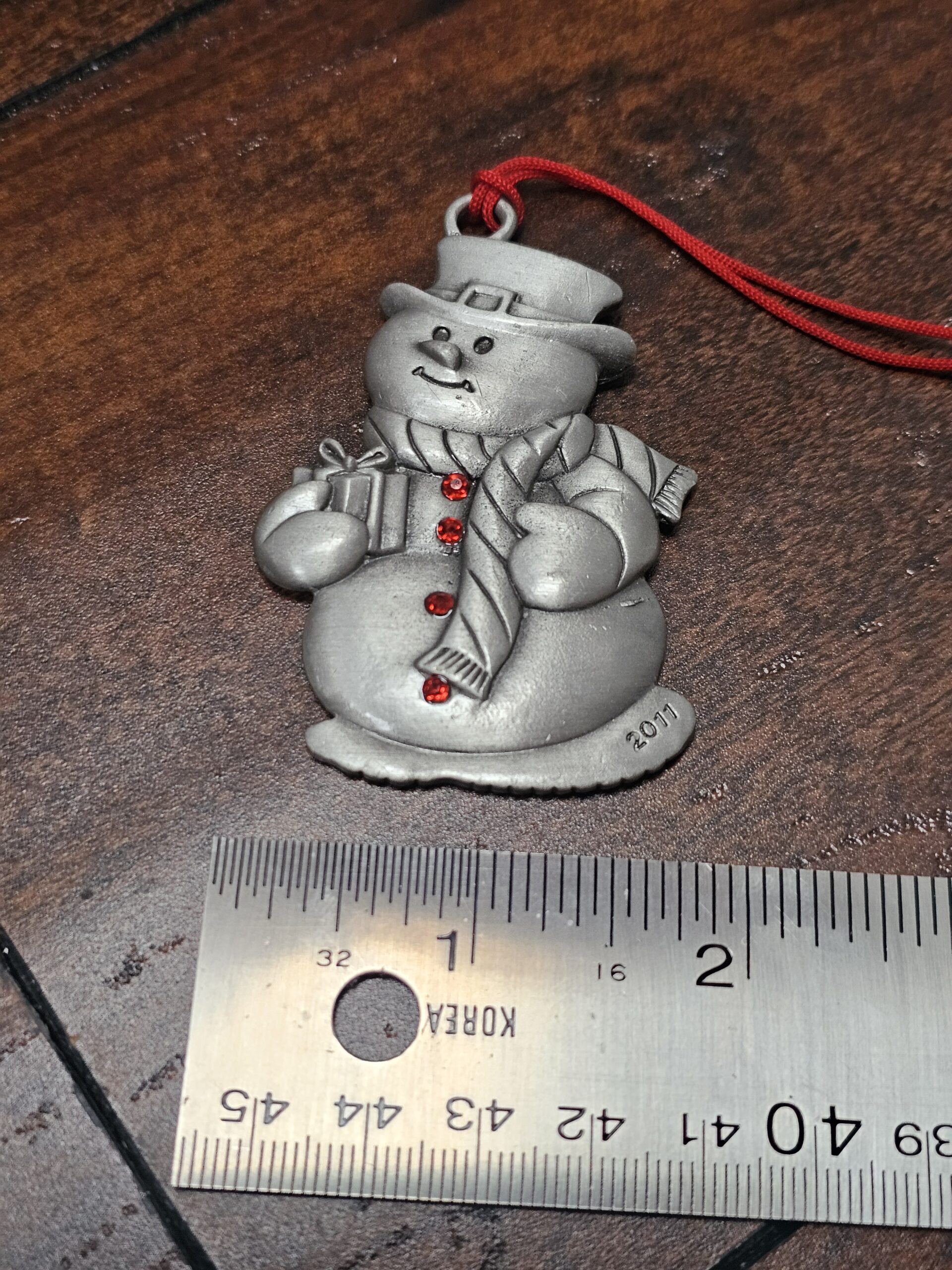 Pewter Snowman Ornament with Red Tassel Holiday Decoration - product image 4