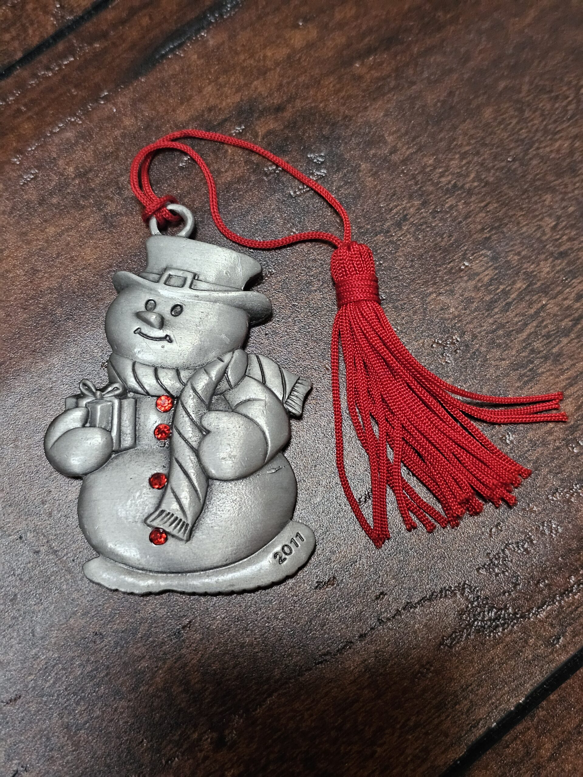 Pewter Snowman Ornament with Red Tassel Holiday Decoration - product image 5