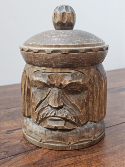 Handmade Wooden Carved Jar with Lid and Face Design - product image 1