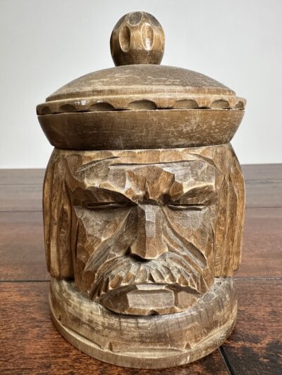 Hand-Carved Wooden Jar with Lid and Face Motif - product image 1