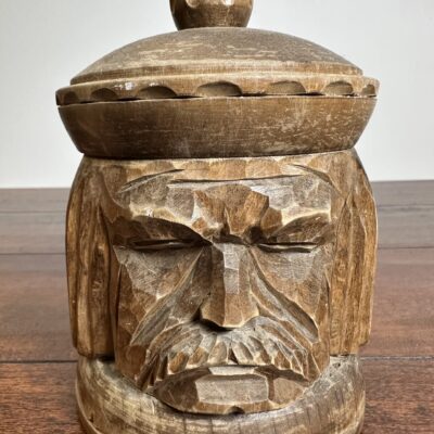 Hand-Carved Wooden Jar with Lid and Face Motif - product image 1