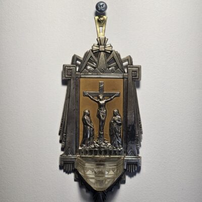 Art Deco French Wall Holy Water Font with Crucifixion Scene - product image 1