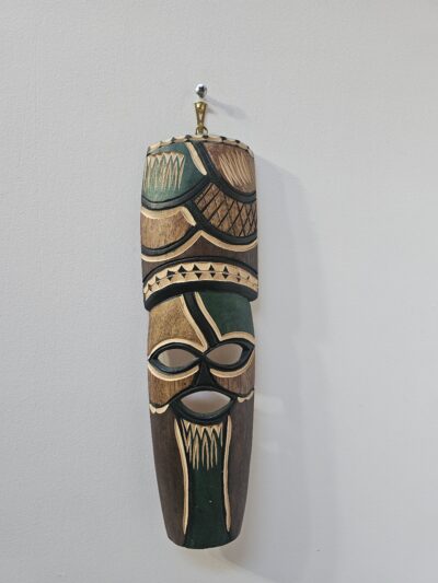Handcrafted Wooden Tribal Mask Wall Art Green and Brown - product image 1