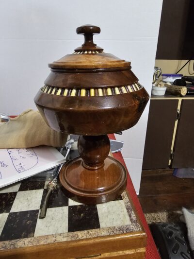 Handcrafted Wooden Pedestal Bowl with Lid and Inlay Details - product image 1