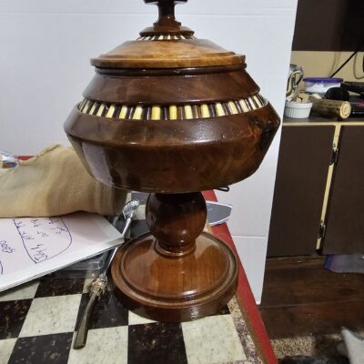Handcrafted Wooden Pedestal Bowl with Lid and Inlay Details - product image 1
