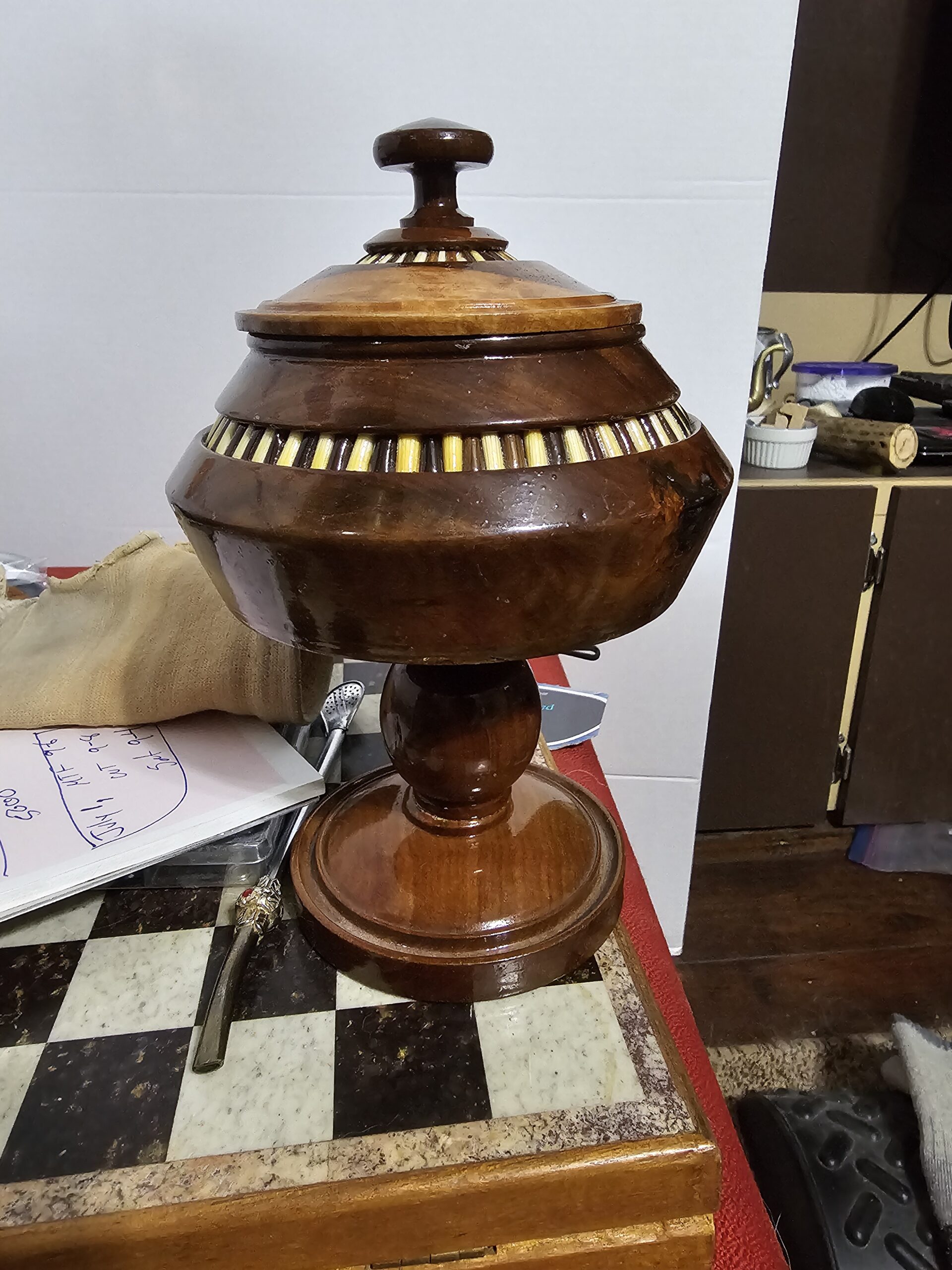 Handcrafted Wooden Pedestal Bowl with Lid and Inlay Details - product image 1