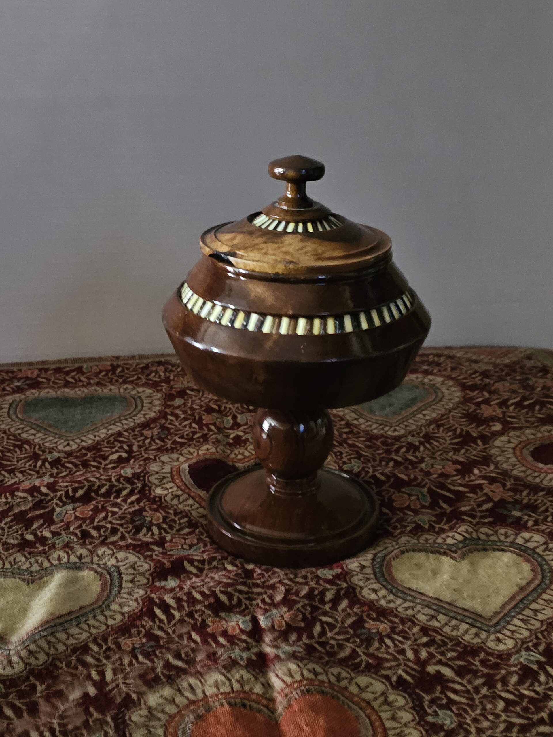 Handcrafted Wooden Pedestal Bowl with Lid and Inlay Details - product image 2